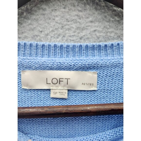 Blue Embroidered Floral Sweater By Loft Petites Size SP 100% Cotton Long Puff Sl - Picture 3 of 5